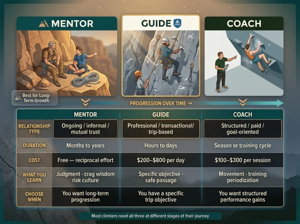 Comparison chart showing climbing mentor vs guide vs coach with columns for relationship type, duration, cost, and when to choose each