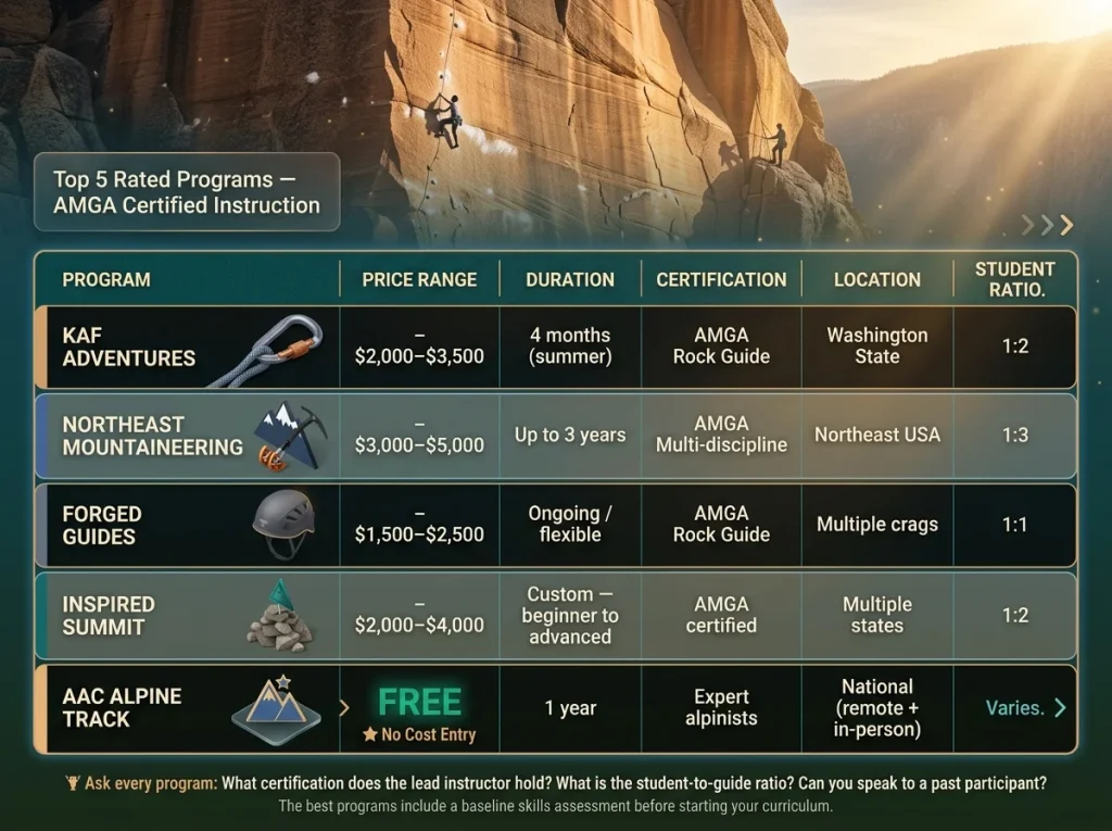 Comparison table of top 5 climbing mentorship programs with price, duration, certification level, location, and student ratio