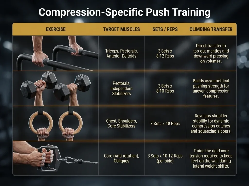 Infographic showing climbing push exercises with target muscles, sets and reps, and specific transfers to compression moves