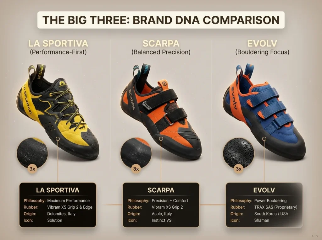 Infographic comparing La Sportiva, Scarpa, and Evolv climbing shoes with labeled design philosophies, rubber compounds, and origins