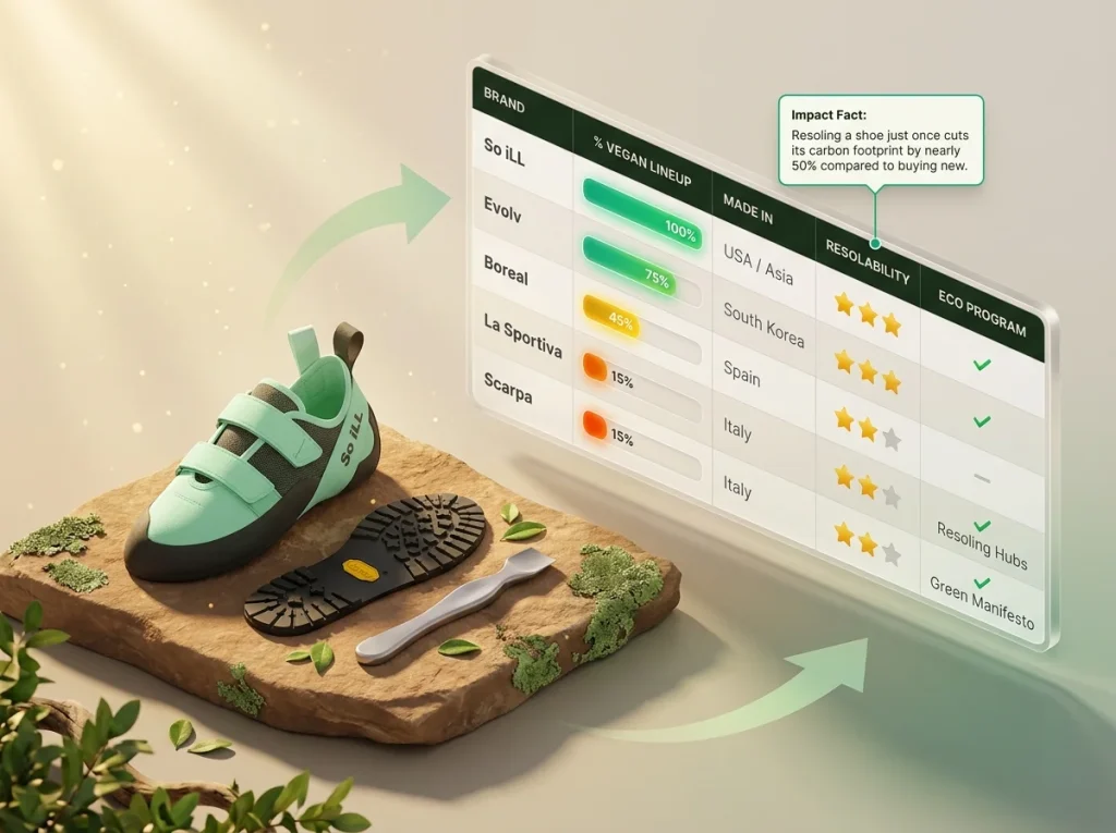 Infographic scorecard comparing climbing shoe brands by vegan options, manufacturing locations, and resolability