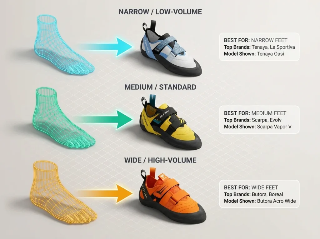 Infographic showing climbing shoe foot shape matrix matching narrow, medium, and wide feet to ideal brands and models