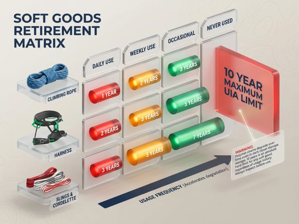 Infographic matrix showing UIAA retirement timelines for climbing ropes, harnesses, and slings across various usage frequencies