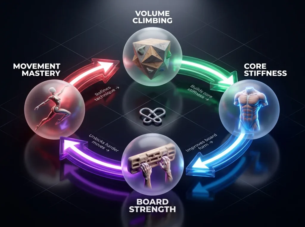 Circular feedback loop showing how volume climbing and board training reinforce each other for performance.