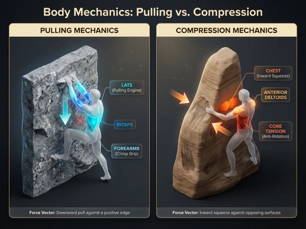 Infographic showing active muscle groups in compression versus pulling climbing techniques with labeled anatomical zones