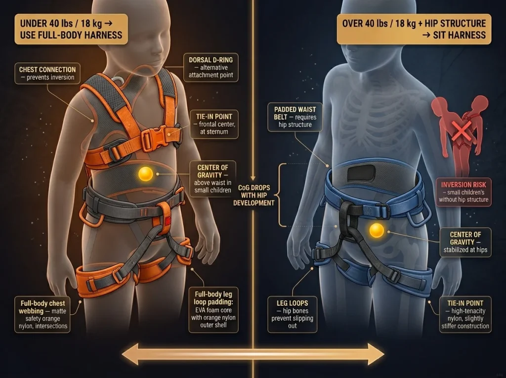 Comparison chart: full-body vs. sit harness for young climbers with weight thresholds, center of gravity, and tie-in labels