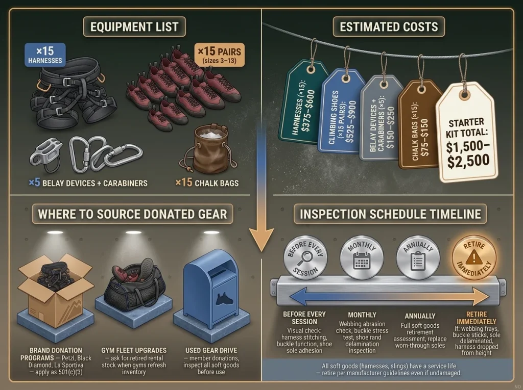 Gear library starter kit checklist with equipment quantities, estimated costs, donation sources, and inspection timeline for youth climbing programs