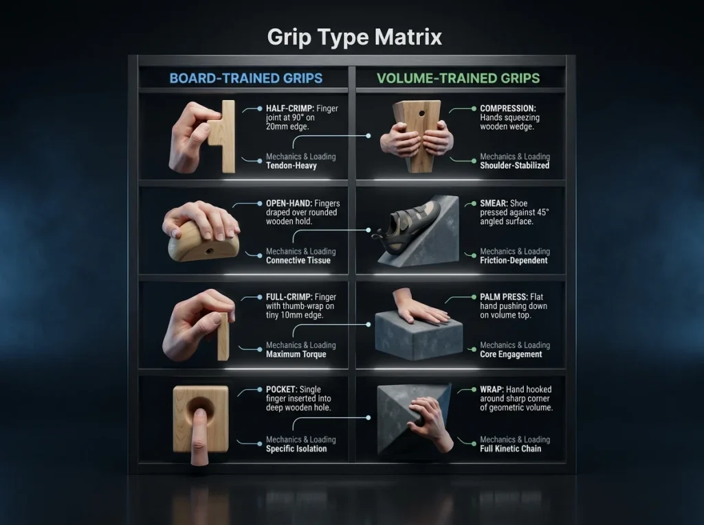 Grip Type Matrix comparing Board-Trained vs Volume-Trained grips, mapping muscles and mechanics.