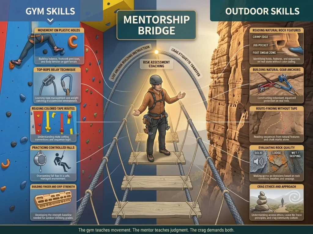 Diagram showing gym-to-outdoor climbing transition with indoor skills on the left, outdoor skills on the right, and a mentorship bridge connecting them