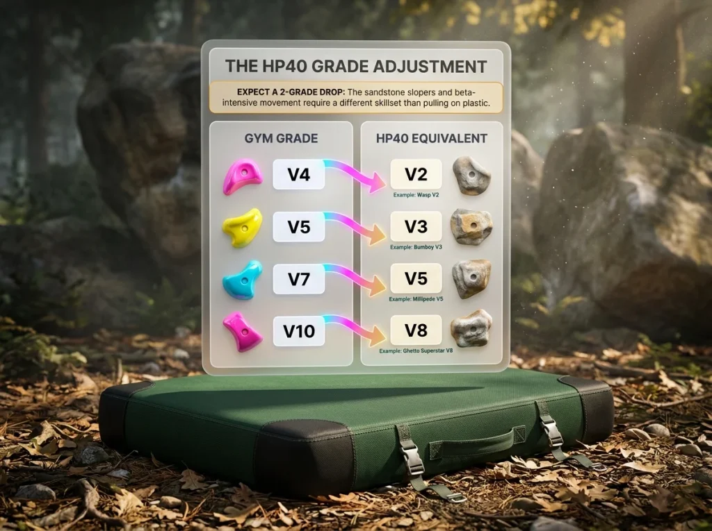 Infographic comparing indoor gym bouldering grades to HP40 outdoor grades with specific classic problem examples like Bumboy and Slider