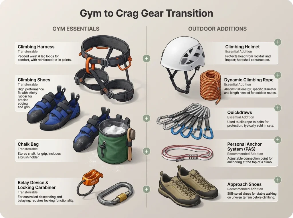 Infographic comparing gym climbing gear with essential outdoor climbing equipment including helmets, ropes, and quickdraws