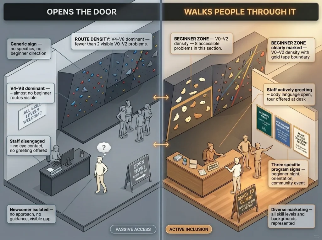 Comparison infographic of two climbing gym cultures showing beginner zones, staff behaviors, and welcoming practices side by side