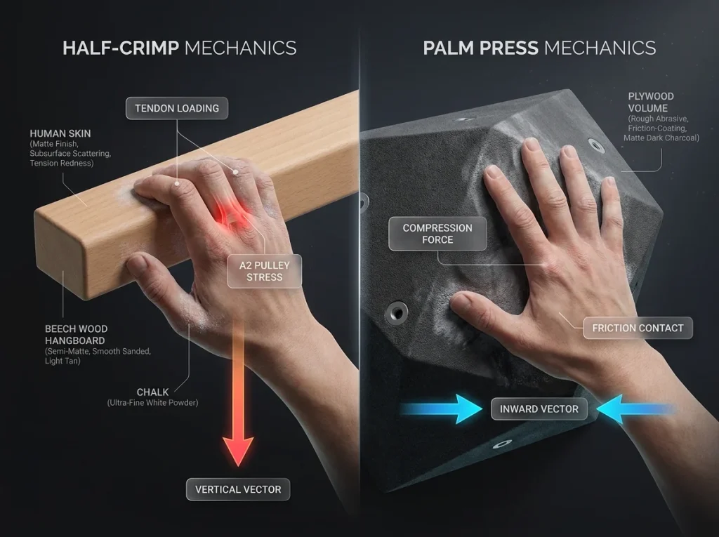 Comparison of half-crimp on a hangboard vs open palm on a volume, showing tendon loading and force vectors.