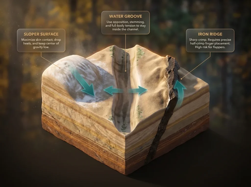 Infographic showing HP40 sandstone cross-section with labeled iron ridges, sloper surfaces, water grooves, and climbing technique callouts