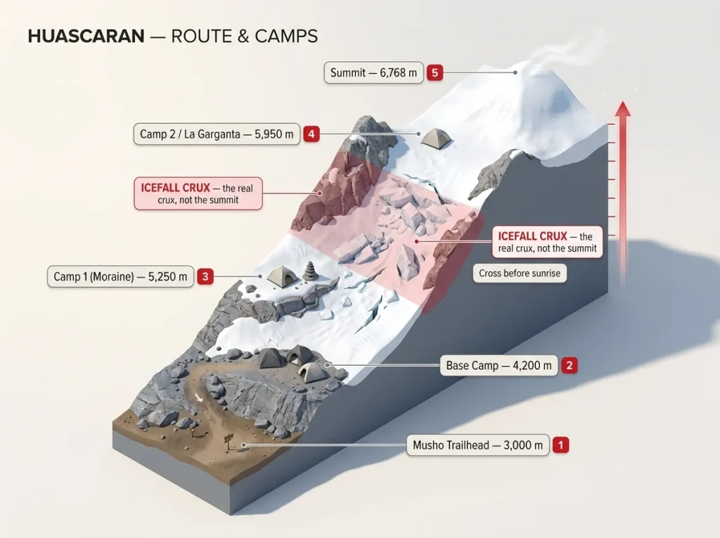 Route profile diagram showing Huascaran camps from Musho to summit with elevations and the red icefall crux zone between Camp 1 and Camp 2