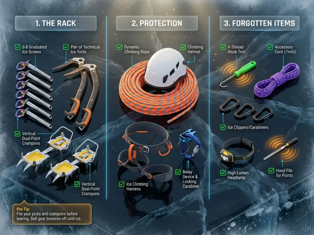 Infographic showing ice climbing gear audit checklist with rack, protection, and forgotten items categorized on natural ice surface