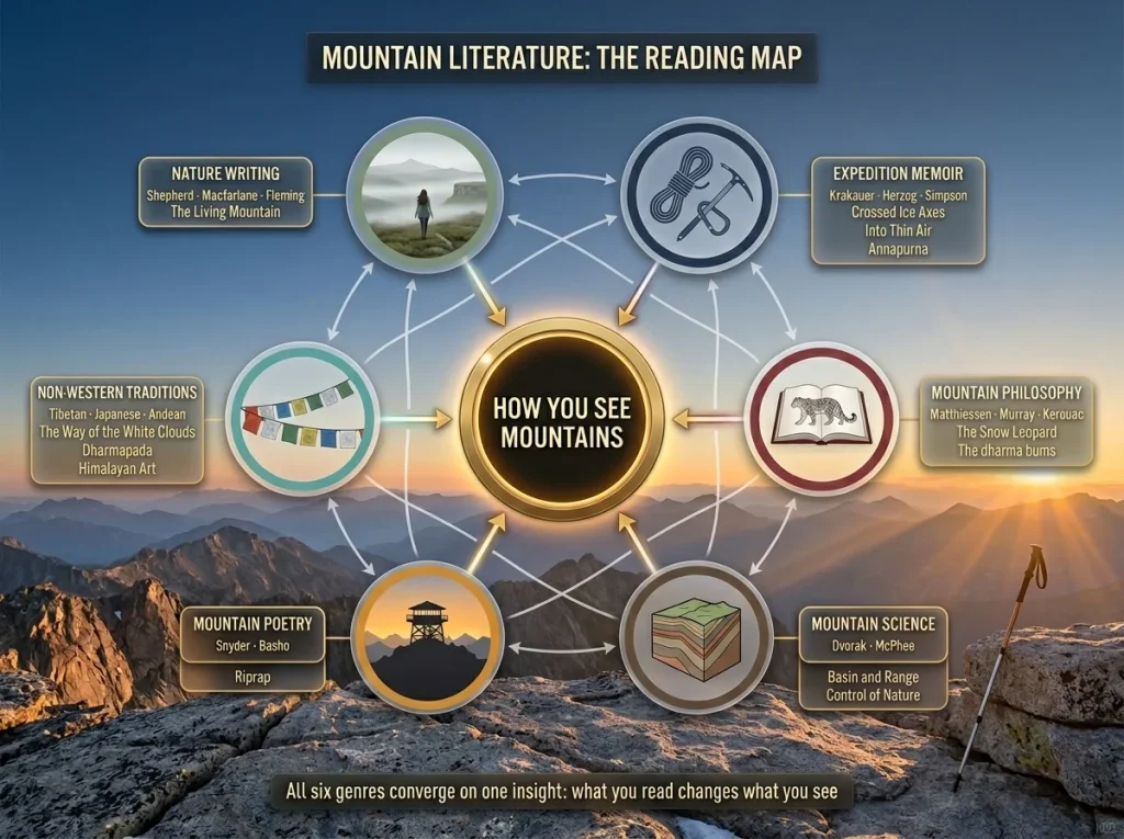 Reading map showing six mountain book genres and how they interconnect, all leading to a deeper way of seeing mountains