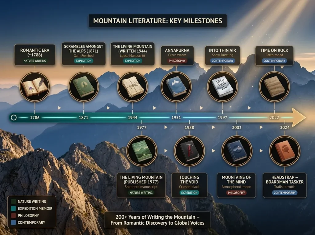Timeline showing 200 years of mountain literature milestones from Romantic era to present-day Boardman Tasker Award winners