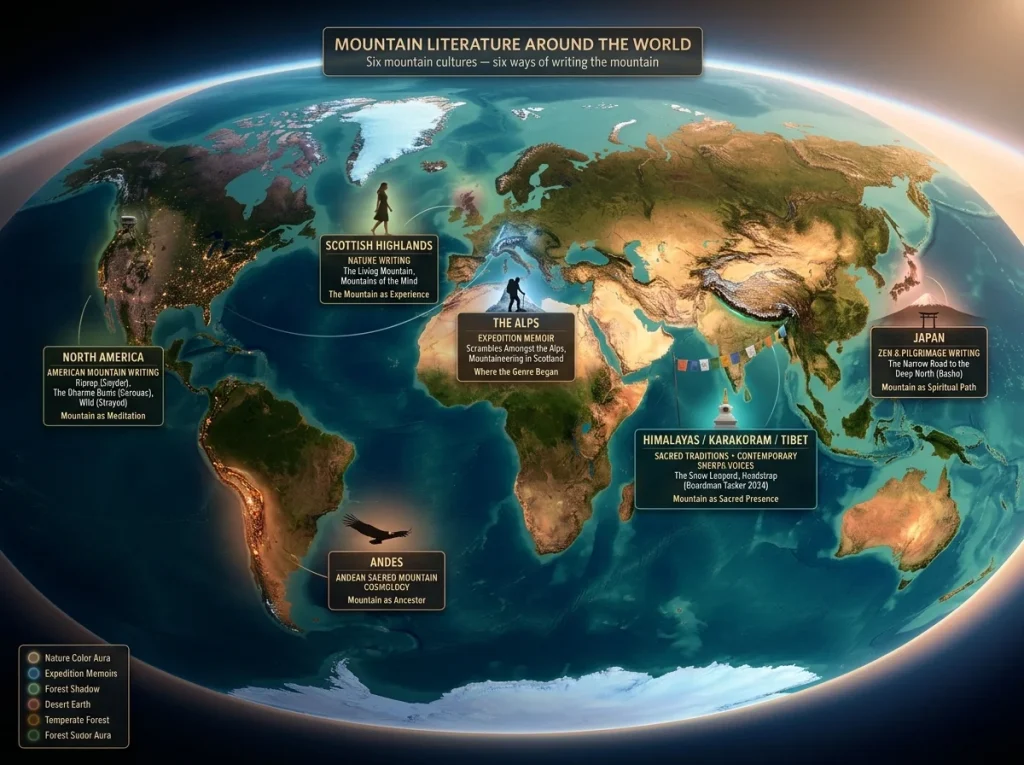 World map of mountain literature by region: nature writing (Scotland), expedition memoir (Alps), sacred traditions (Himalayas, Japan, Andes)