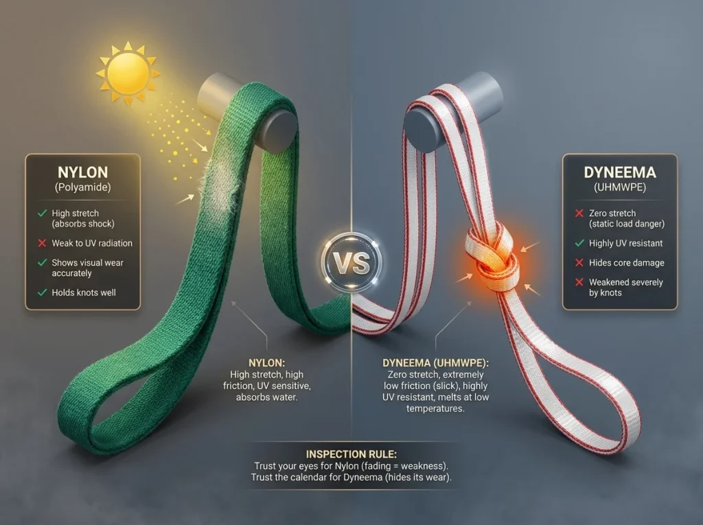 Infographic comparing nylon and Dyneema climbing slings showing UV resistance, heat sensitivity, and knot strength differences
