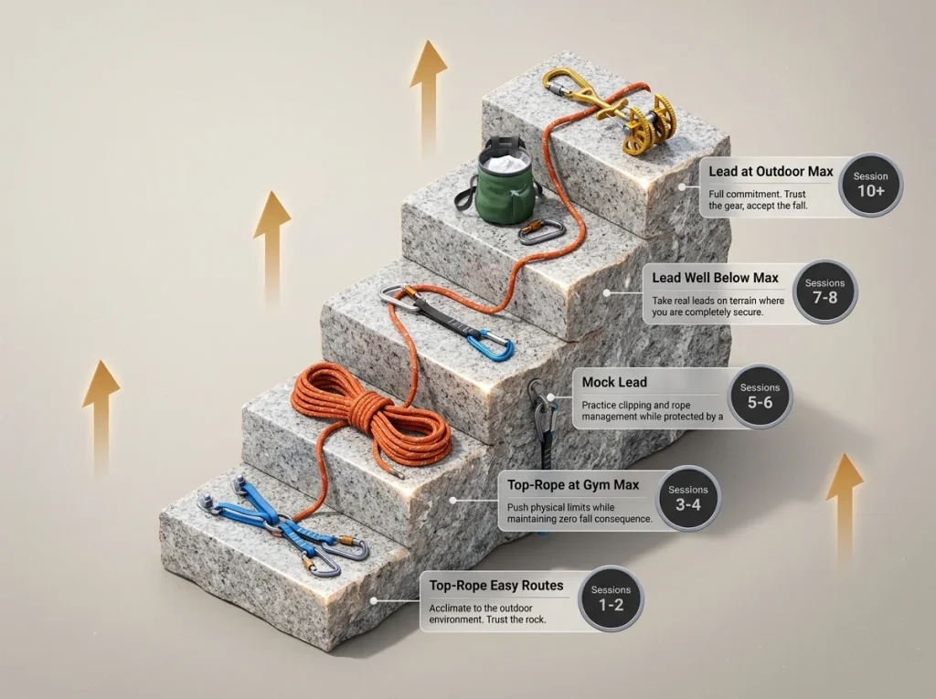 Infographic showing a 5-step progression ladder for managing fear when transitioning to outdoor lead climbing