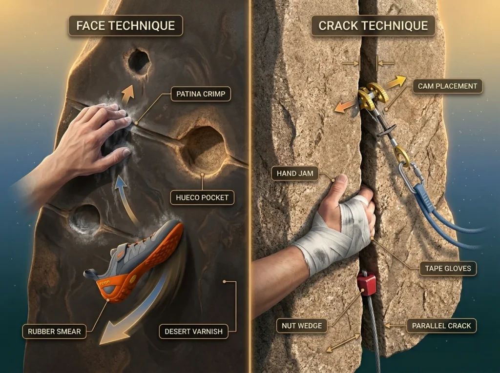 Infographic comparing patina face and crack climbing techniques on City of Rocks granite with gear and movement callouts