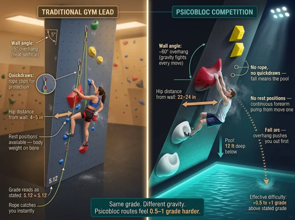 Side-by-side comparison of traditional gym lead route vs psicobloc route showing overhang angle, hold spacing, body position, and gravity difference
