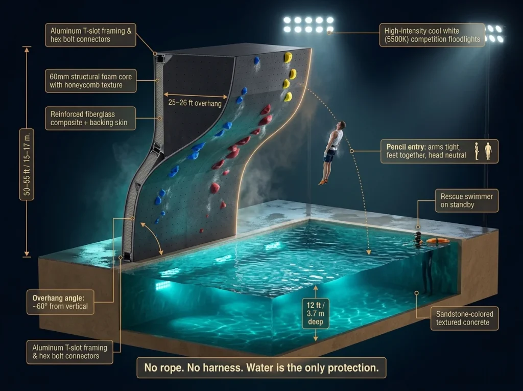 Technical cross-section of psicobloc competition wall showing 50-55ft height, 26ft overhang, 12ft pool depth, and labeled pencil-entry fall arc