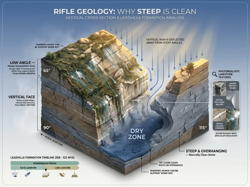 Infographic showing Rifle canyon geological cross-section with Leadville Formation layers and water runoff patterns