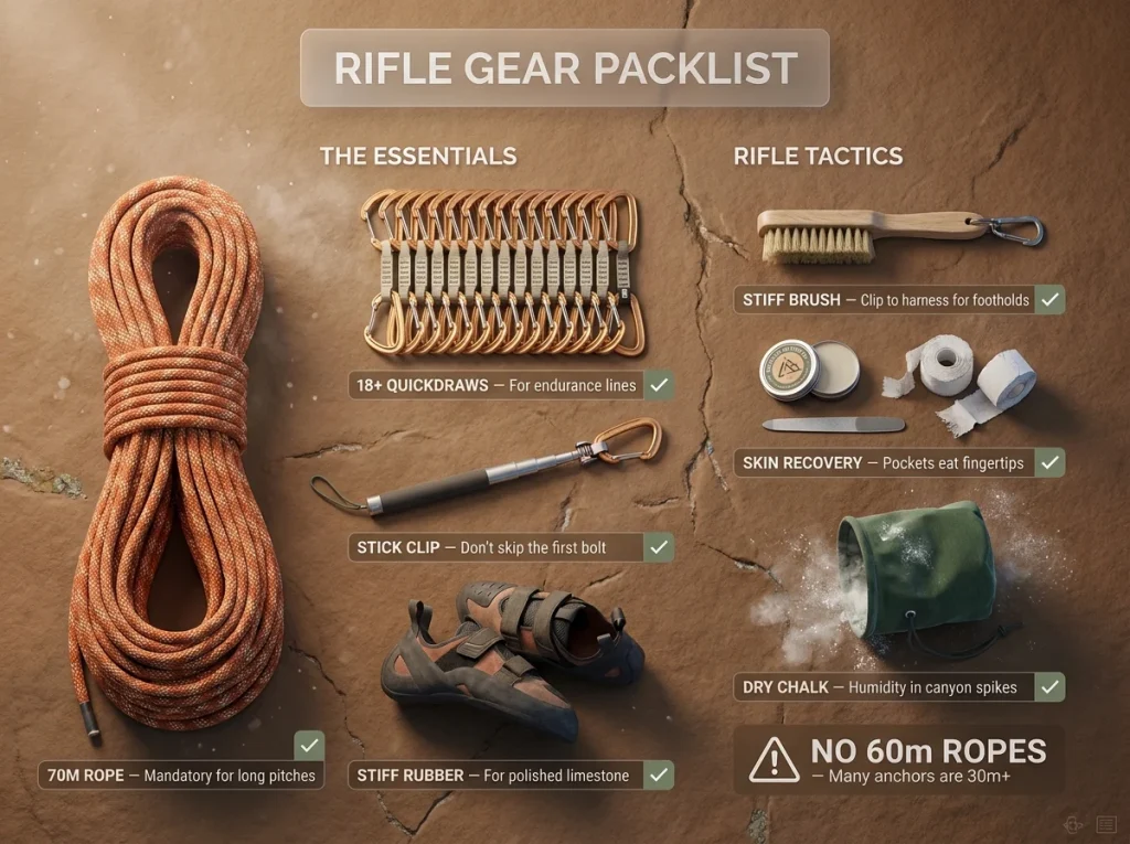 Gear checklist for Rifle climbing including 70m rope, quickdraws, stick clip, and limestone-specific skin care