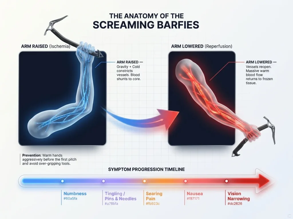 Infographic showing the screaming barfies phenomenon with arm position diagrams, blood vessel constriction, and symptom timeline