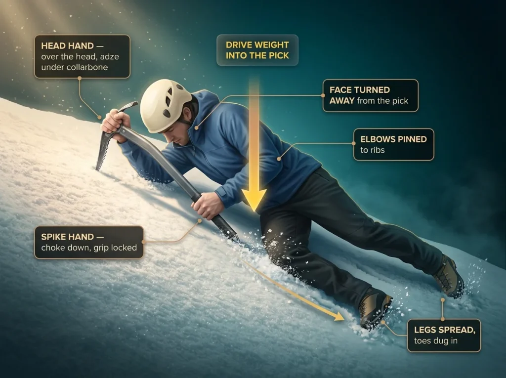Climbing diagram showing ice axe self-arrest position with labeled hands, adze, pinned elbows, weight arrow, and turned face
