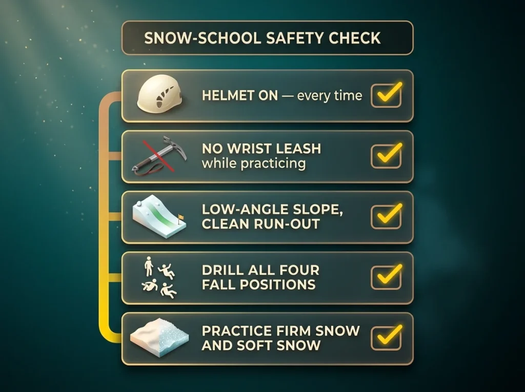 Climbing checklist graphic for safe self-arrest practice: helmet on, no leash, clean run-out, all four positions, both snow types