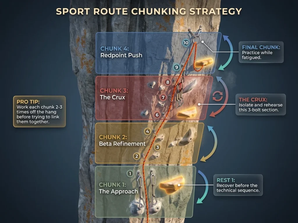 Infographic showing a sport climbing route divided into chunks with labeled rest stances, bolts, and progression arrows