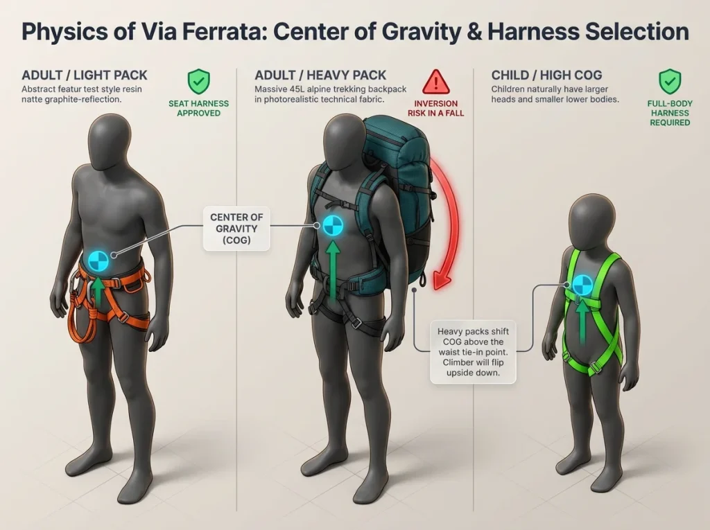 Infographic showing via ferrata center of gravity physics comparing adults with heavy packs versus children, explaining full-body harness needs