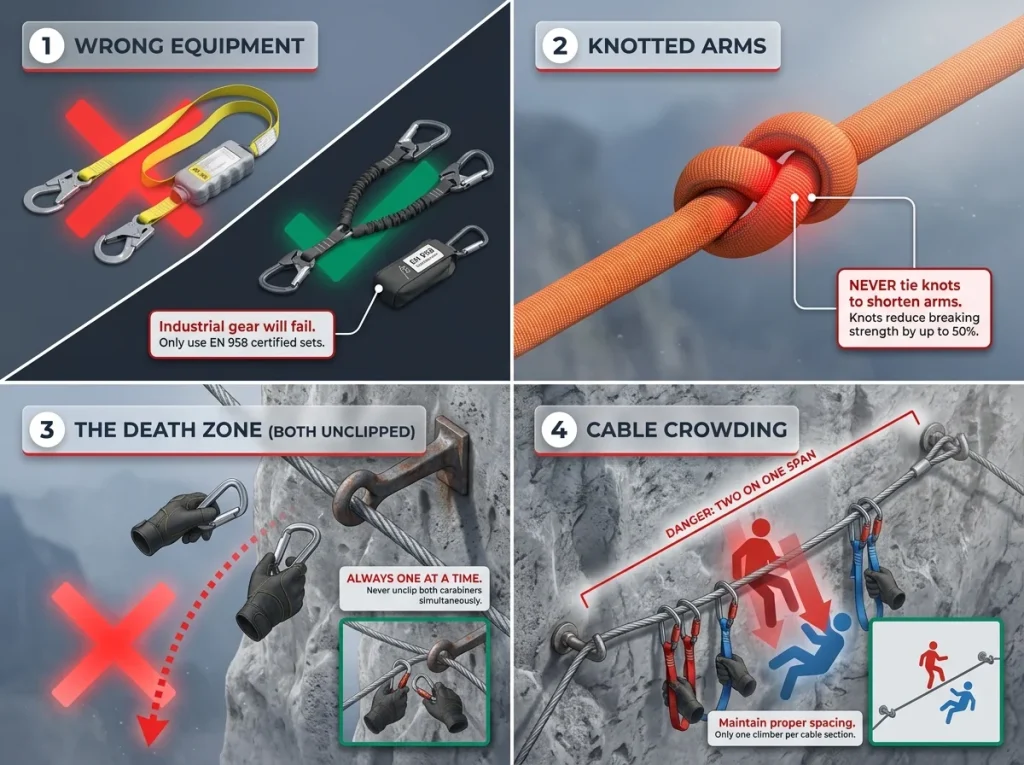 Infographic detailing four common via ferrata mistakes including construction lanyards, knotted arms, unclipped carabiners, and cable spacing