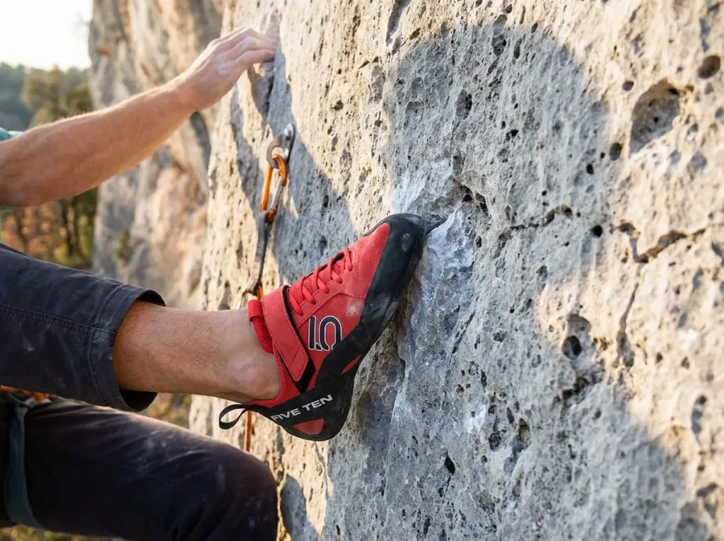 Climber in aggressive shoes edging on tiny limestone hold on steep route