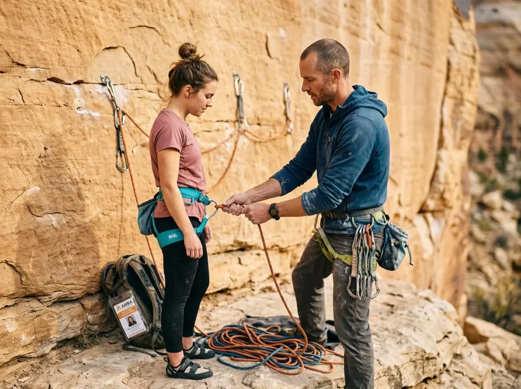 Certified climbing guide checking student harness before lead climb