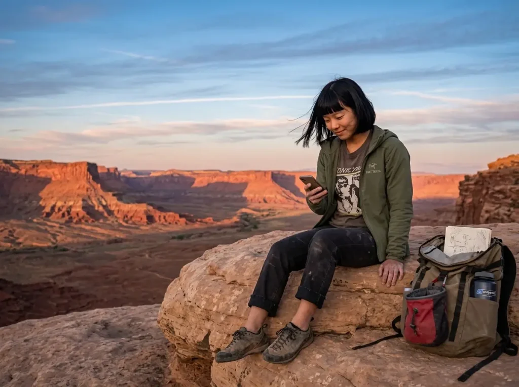 Young adult climber sitting on outdoor boulder at sunset reviewing photos on phone