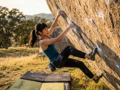 Why Ashima Shiraishi Sent V15 Before Most Adults Young female climber sending a powerful boulder move on granite at golden hour