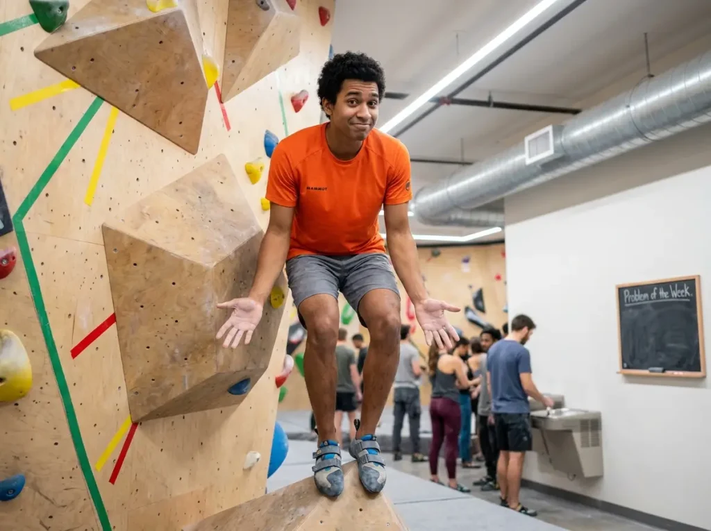 Beginner climber exploring volume problem in colorful bouldering gym
