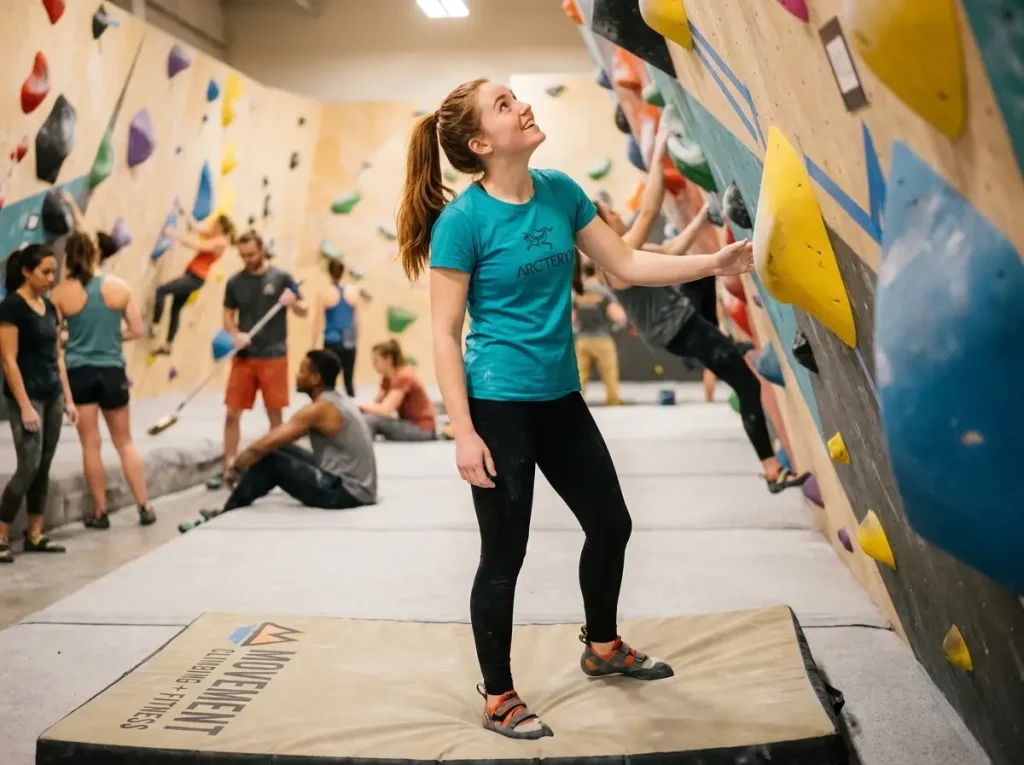 New climber in comfortable neutral shoes at indoor bouldering gym wall