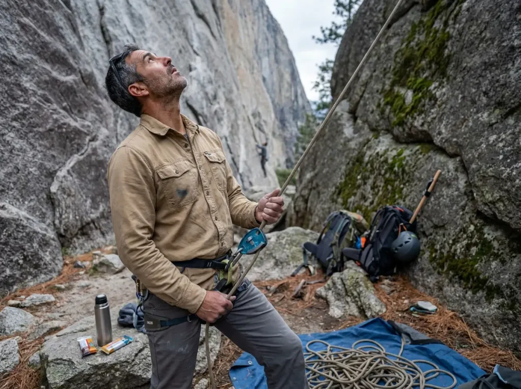 Belayer looking up at climber on sport route with rope through belay device
