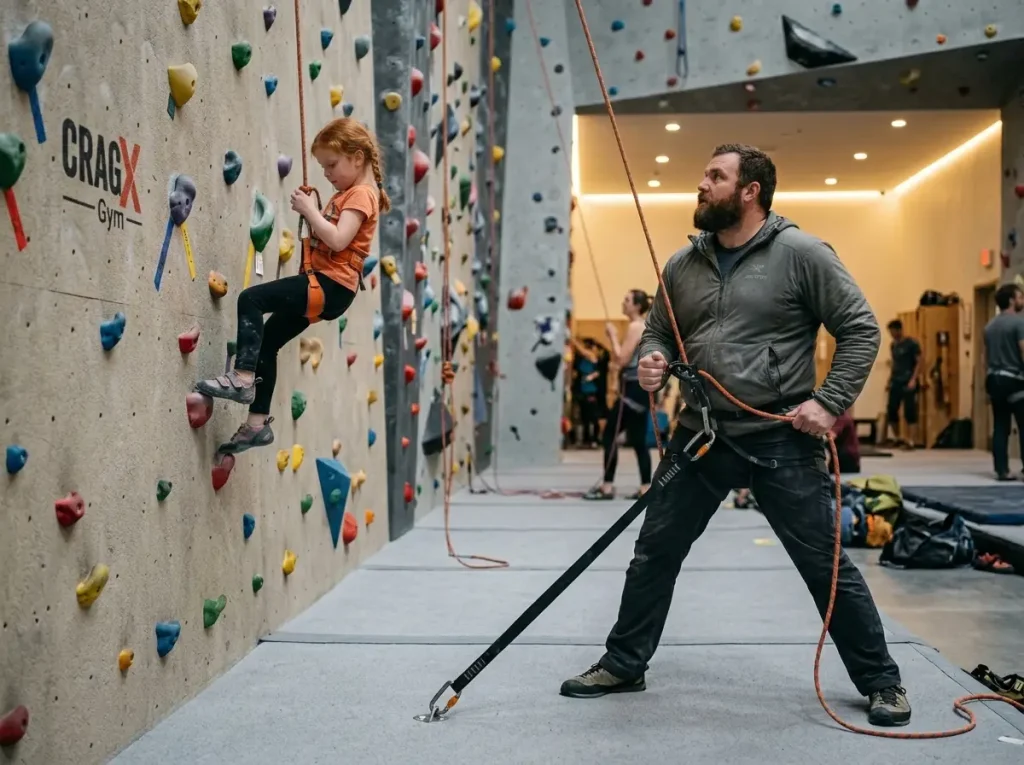 Parent belaying lightweight child showing proper counterweight technique