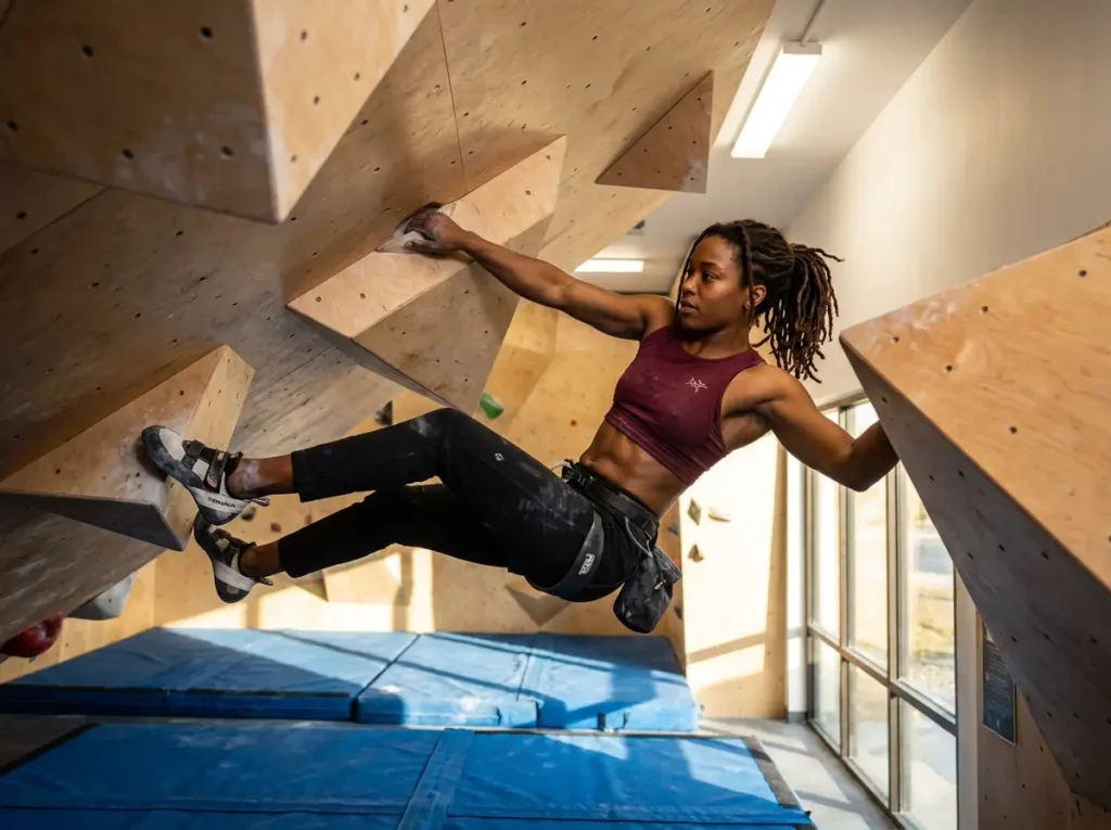 Climber demonstrating body tension on steep volume problem with engaged core
