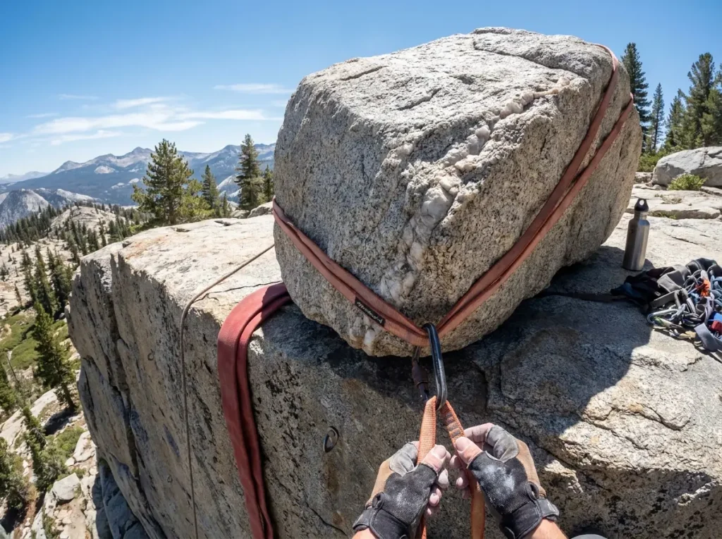 Large granite boulder on cliff top with sling wrapped around base