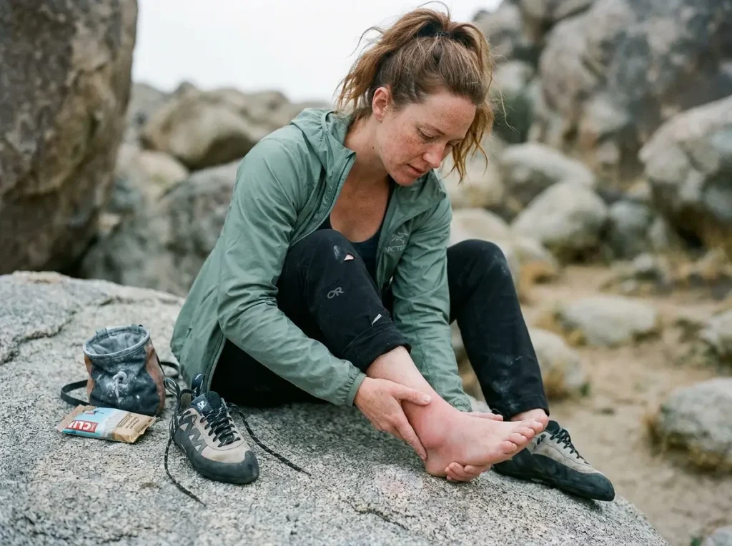 Close-up of climber examining swollen ankle after bouldering fall on rocks