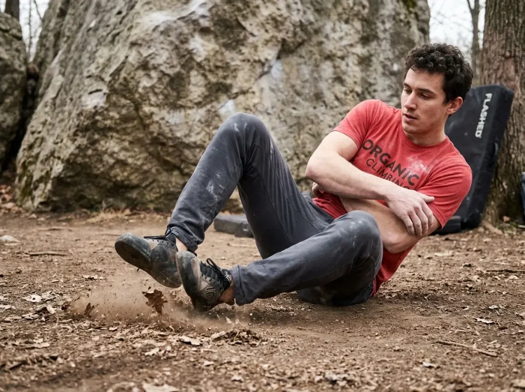 Climber demonstrating proper back roll landing technique on dirt below boulder