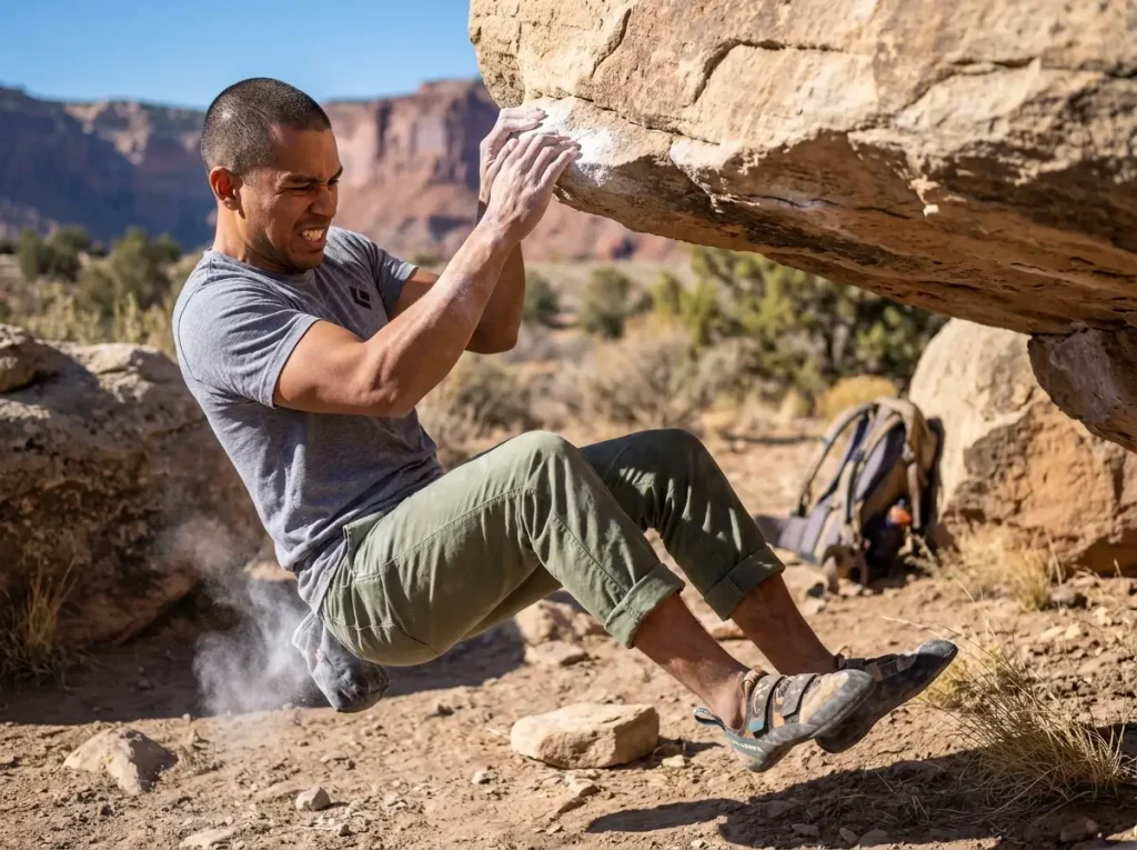 Climber dropping off overhanging boulder toward bare ground without padding