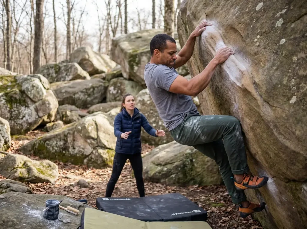 Boulderer attempting Bumboy V3 at Horse Pens 40 with spotter below